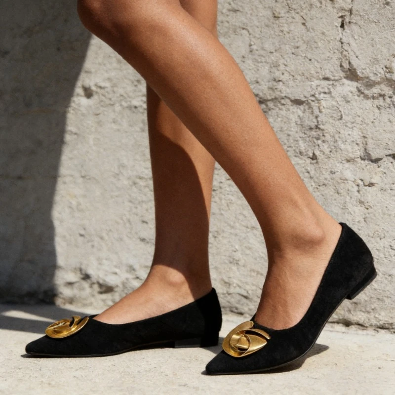 

Slip-on Black Lady Office Shoes 2025 Summer Gold Metal Buckle Pointed Toe Shallow High Quality Comfortable Walking Women Flats