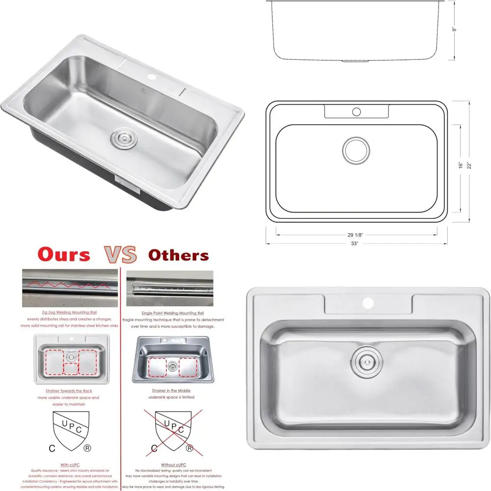 

Single Bowl Drop-In Stainless Steel Kitchen Sink 33 Inch, 18-Gauge with 1 Faucet Hole - Topmount Design for Easy Installation