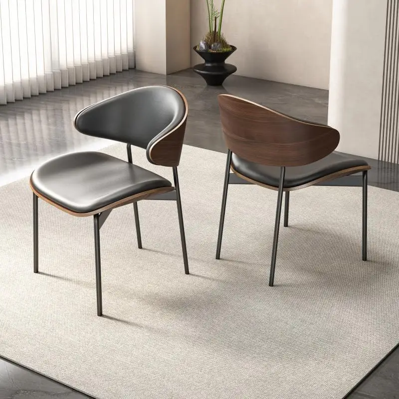 

Light Luxury Wabi Silent Wind Dining Chair Leather Soft Bag Designer Modern Bending Wood Cafe Solid Wood Chair Home Study Chair