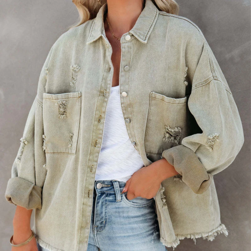 

2023 New Autumn Denim Jacket Ladies Casual Coat Women Jean Outerwear Turn-down Collar Holes Long-sleeve Shirt Style Loose Tops