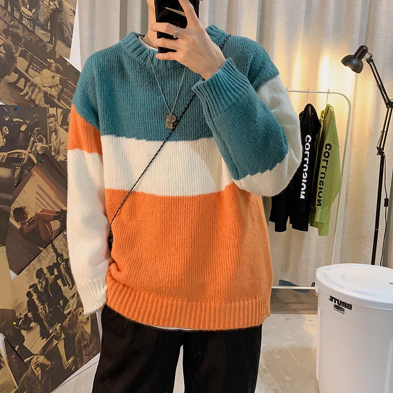 

Loose round Ne Splice Color Men's Sweater Couple Trendy Outerwear Comfortable Long Sve Knittedwear Autumn Casual Sle