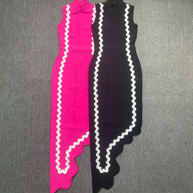 

Женское розово-черное бандажное платье, новый дизайн, без рукавов с круглым вырезом, асимметричное длинное трикотажное эластичное вечернее платье High Street