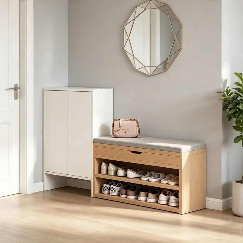 Narrow Entryway Shoe Cabinet with Stool Integrated Design for Small Spaces Modern Household Shoe Rack Storage Organizer for