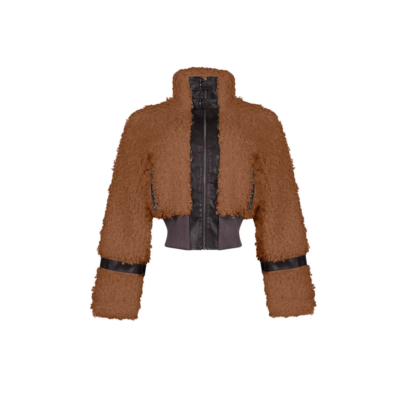 Damska skórzana kurtka z przeszyciami, pikowana, z polaru, krótka, z kołnierzem, z długim rękawem, zapinana na zamek, dopasowana, codzienna, jesień-zima 2025