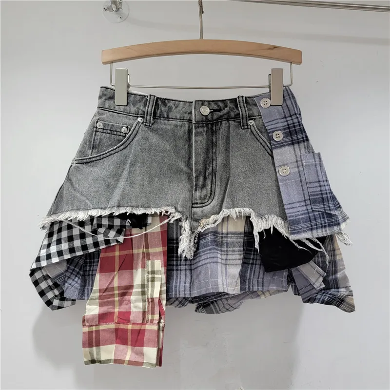 Irregular Short Skirt Women 2024 Spring Summer Checks Stitching High Waist A- Line Denim Skirt Korean Fashion Clothing