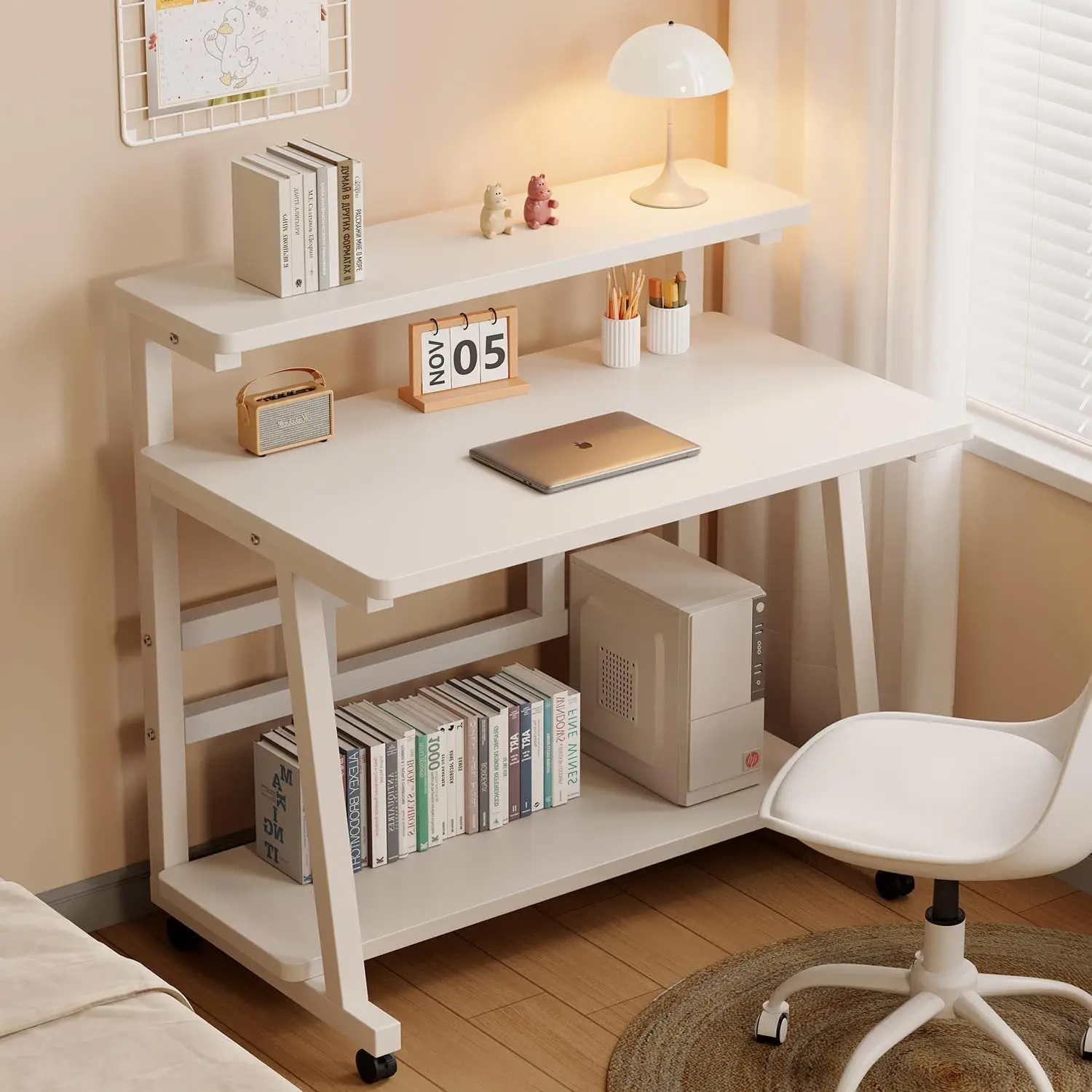 Small Desk With Monitor Stand & 3-Tier Storage, Rolling Portable Desk On Wheels For Home Office Bedroom, 31.5 Inch, Customized