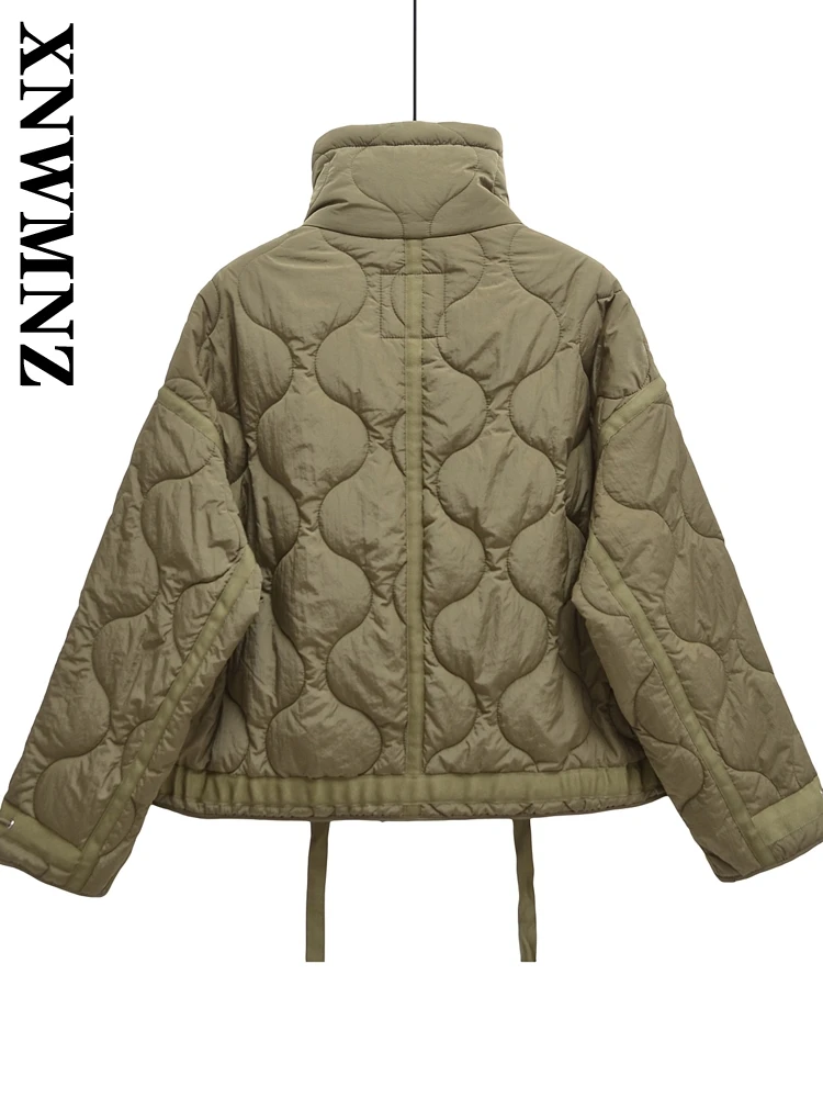 Xnwmnz Frau 2024 neue Herbst/Winter Vintage einfarbige Reiß verschluss taschen Jacke Top weiblich lässig Langarm Stand Kragen Mantel