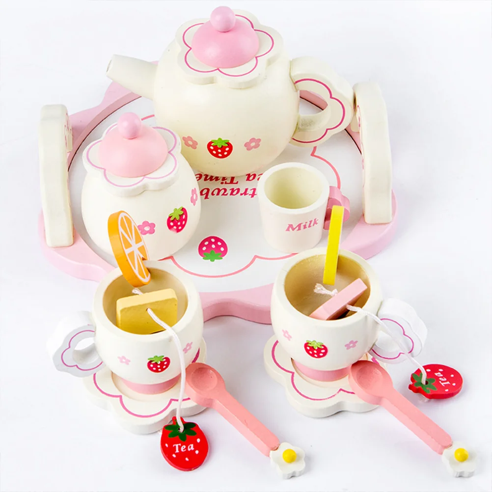 1 Set Kids Tea Ware Toys Wooden Tea Ware Toys Simulation Pink Tea Ware Toys Wooden Children Toys (Accessories for Random Color)