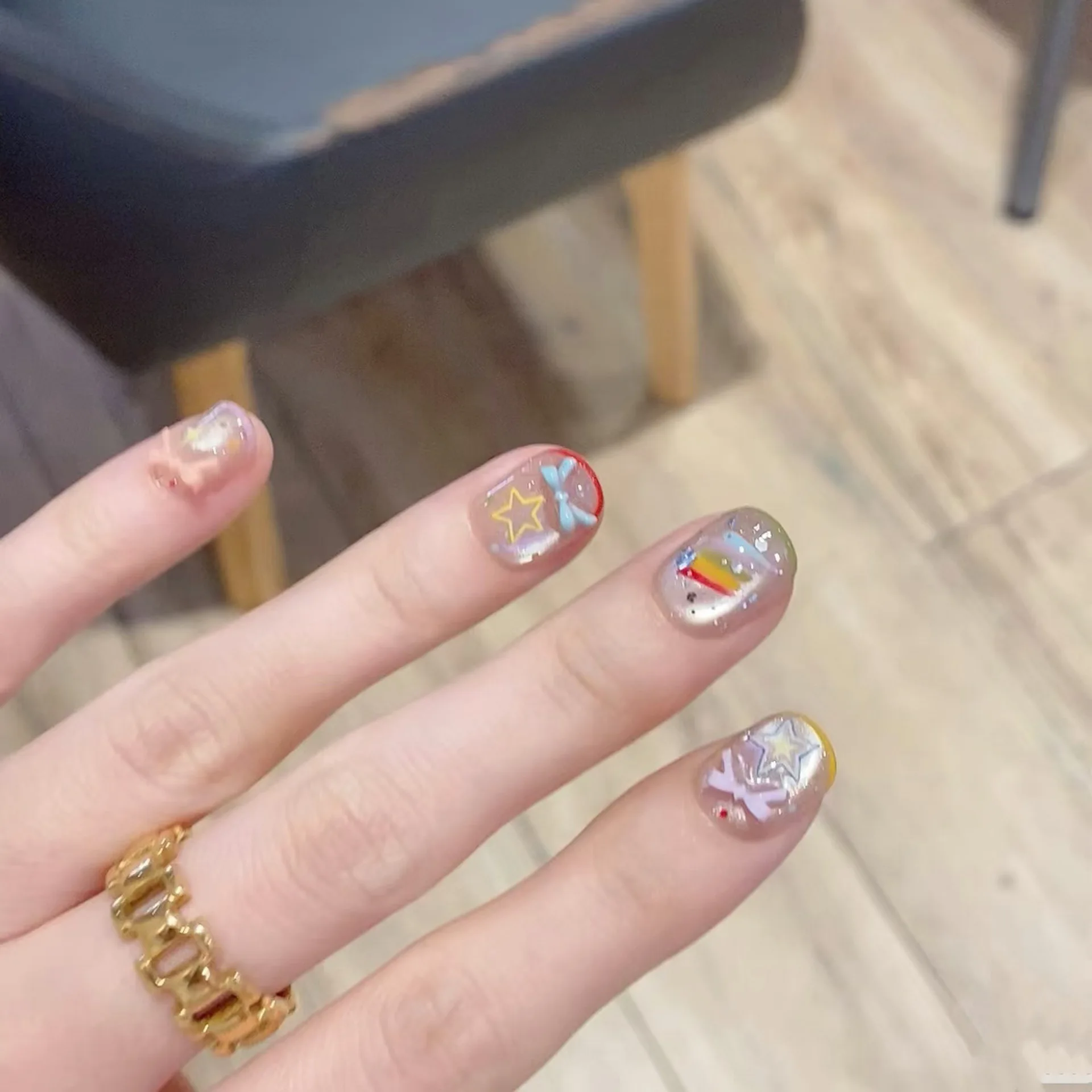 

10pcs Hand Drawn Rainbow Star Graffiti Press on Nails Bow Manicure Wearable Nail for Women and Girls False Nail