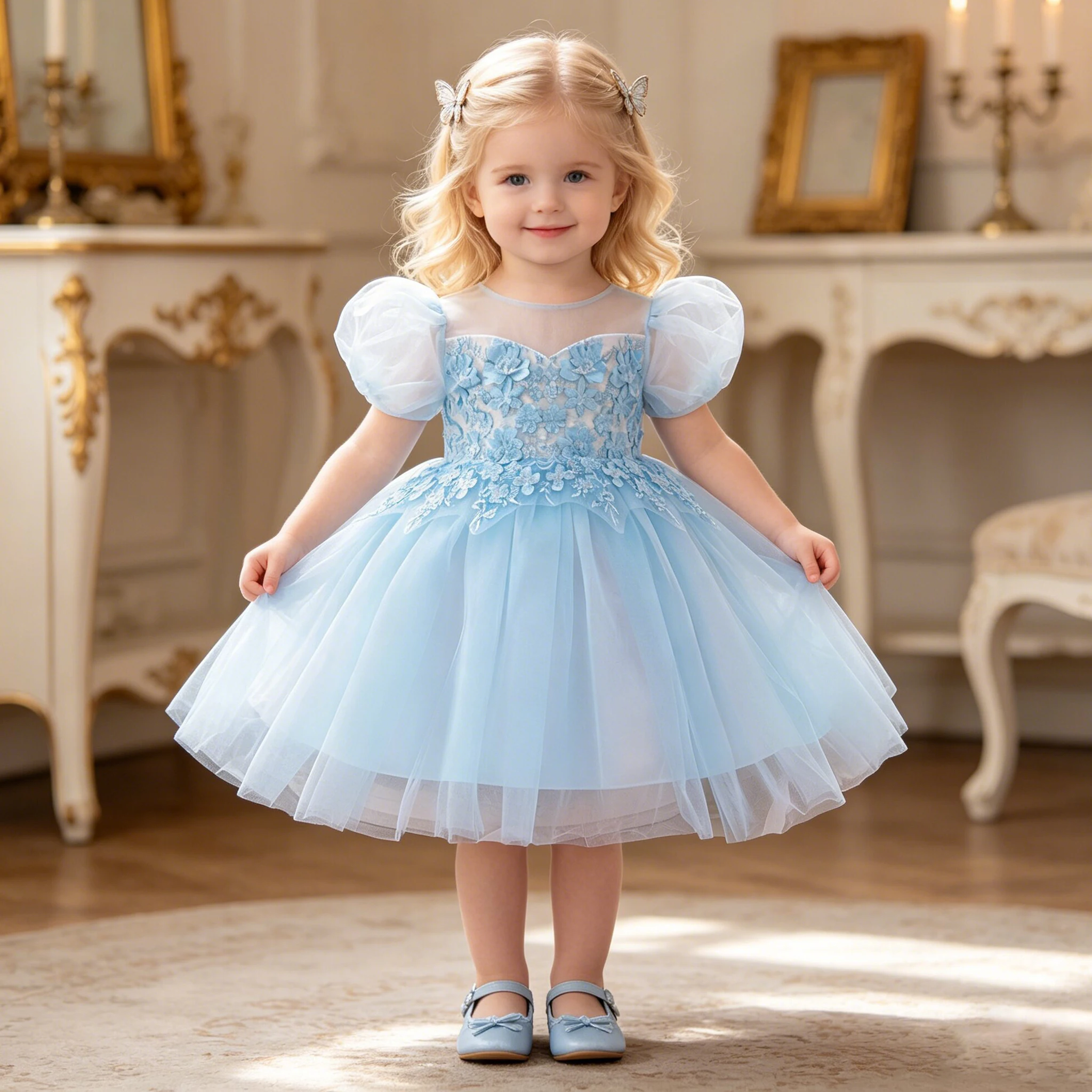 Toddler Kids Floral Embroidery Princess Dress Baby Girl Blue Fluffy Party Dresses Infant Summer Casual Holiday Clothes For Girls