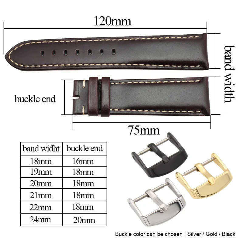 Handmade Genuine Leather Watch Band 18 19 20 21 22 24mm Black Dark Brown Vintage Strap Steel Pin Buckle