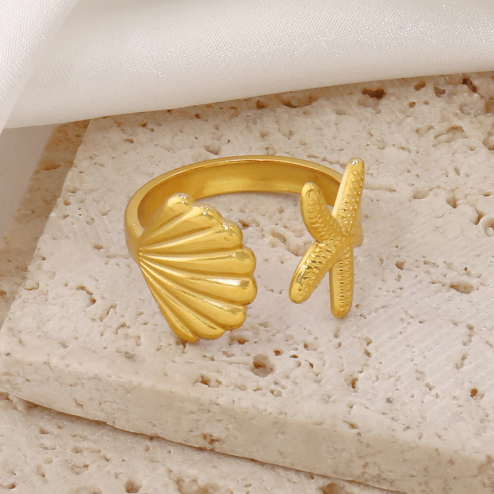 1pcs Stainless Steel Ocean Shell Open Rings For Women Fashion Simple 18K Gold Plated Starfish Seashell Finger Ring Jewelry