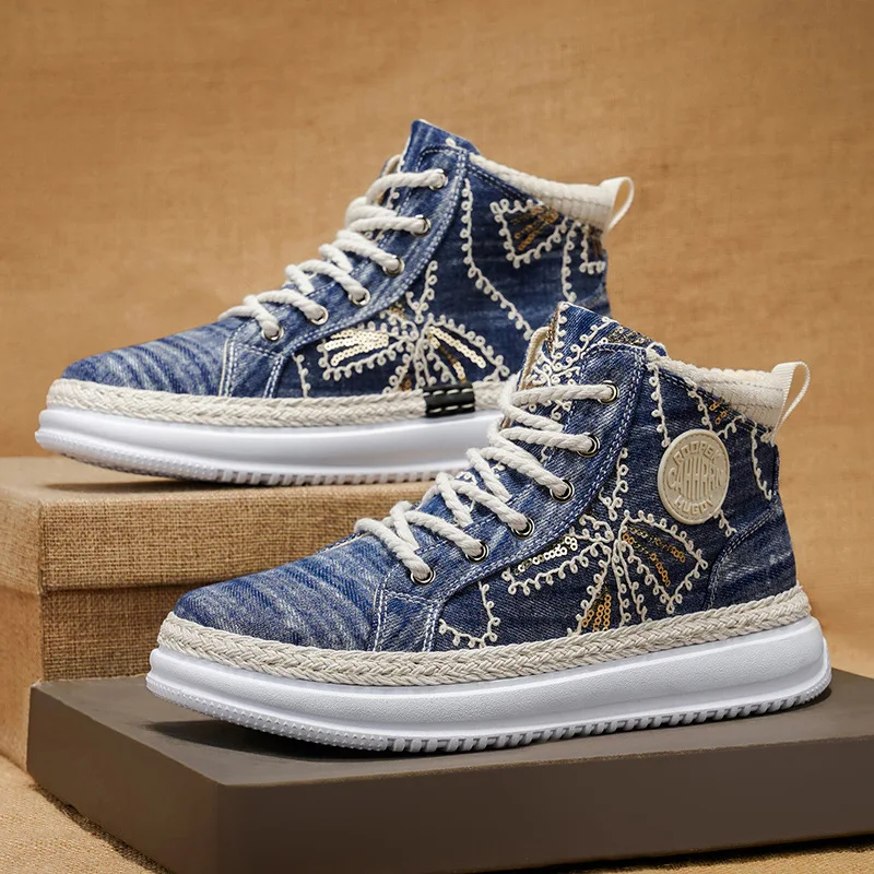 

New Shoes for Men Canvas Casual Shoes High Top Flat Skateboard Shoes Street Trend Sneaker