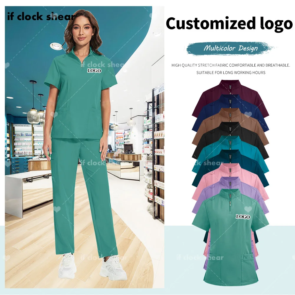 Custom Logo Multicolor Surgical Workwear Scrubs Uniforms Pet Grooming Veterinary Uniform V Neck Doctor Scrubs Work Clothes Women