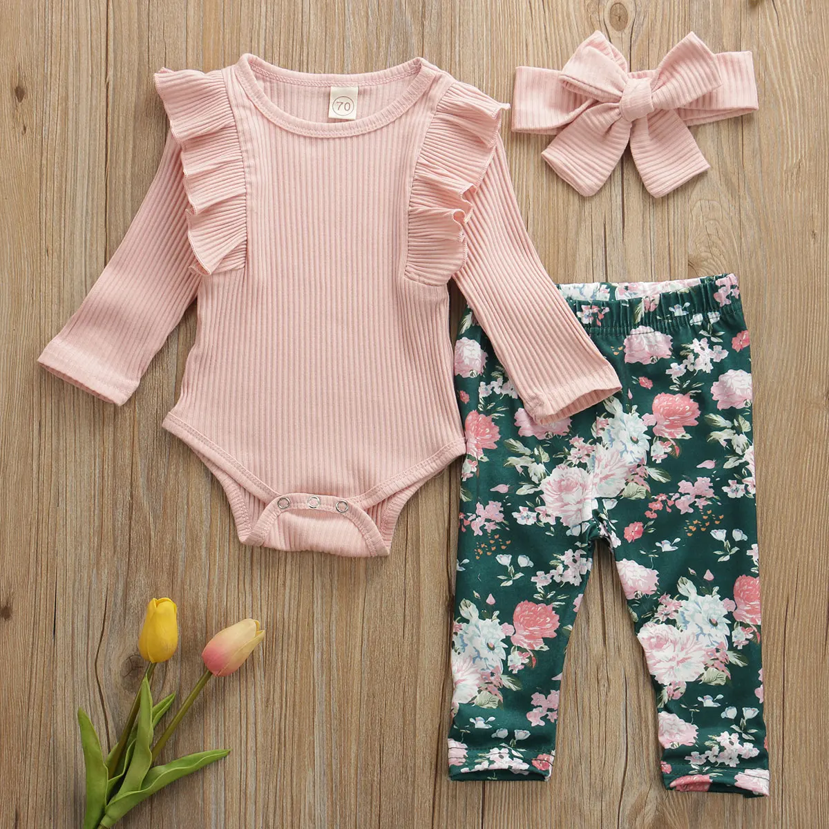 

3Pcs Infant Baby Girl Set Long Sleeve Ribbed Ruffle Romper Floral Trousers Pant Bowknot Headband