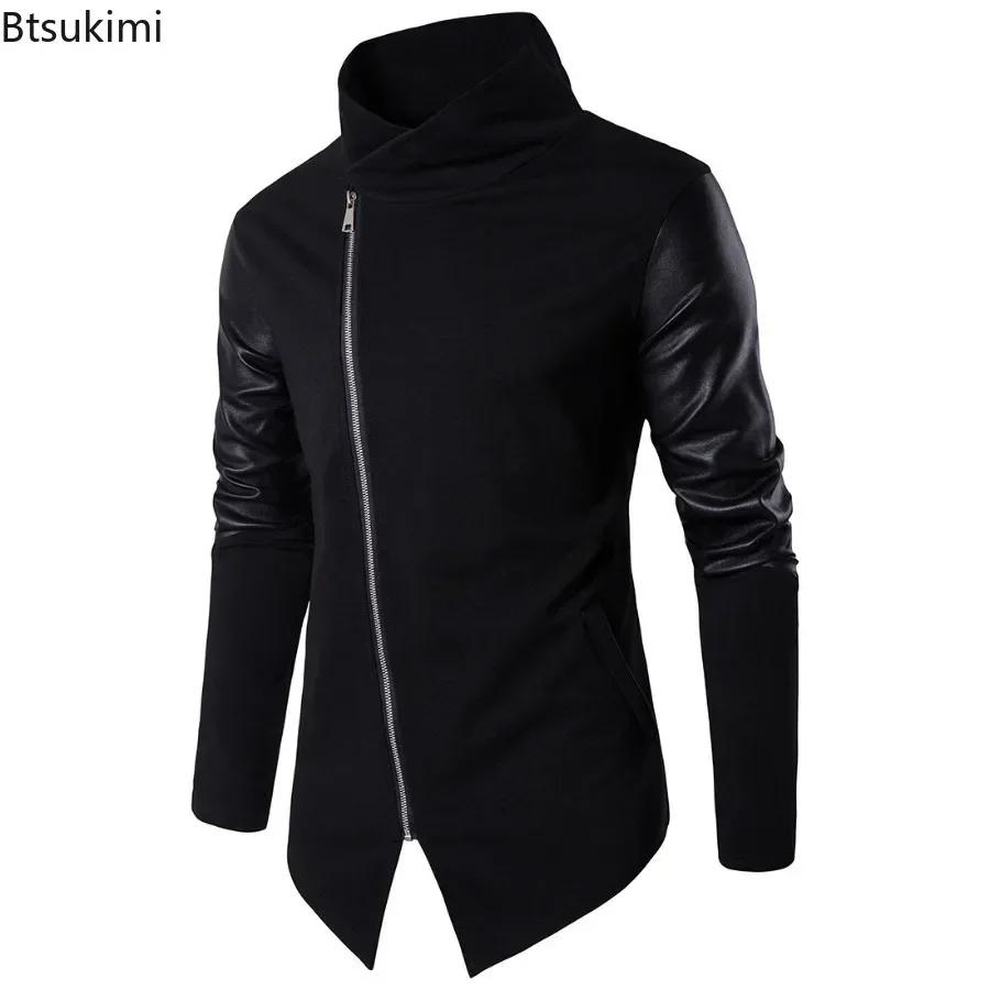 Men's Cotton Sweatshirts Pullovers Stand Collar Slim Knitwear Coats Trend Streetwear Faux Leather Patchwork Knitted Tops for Men
