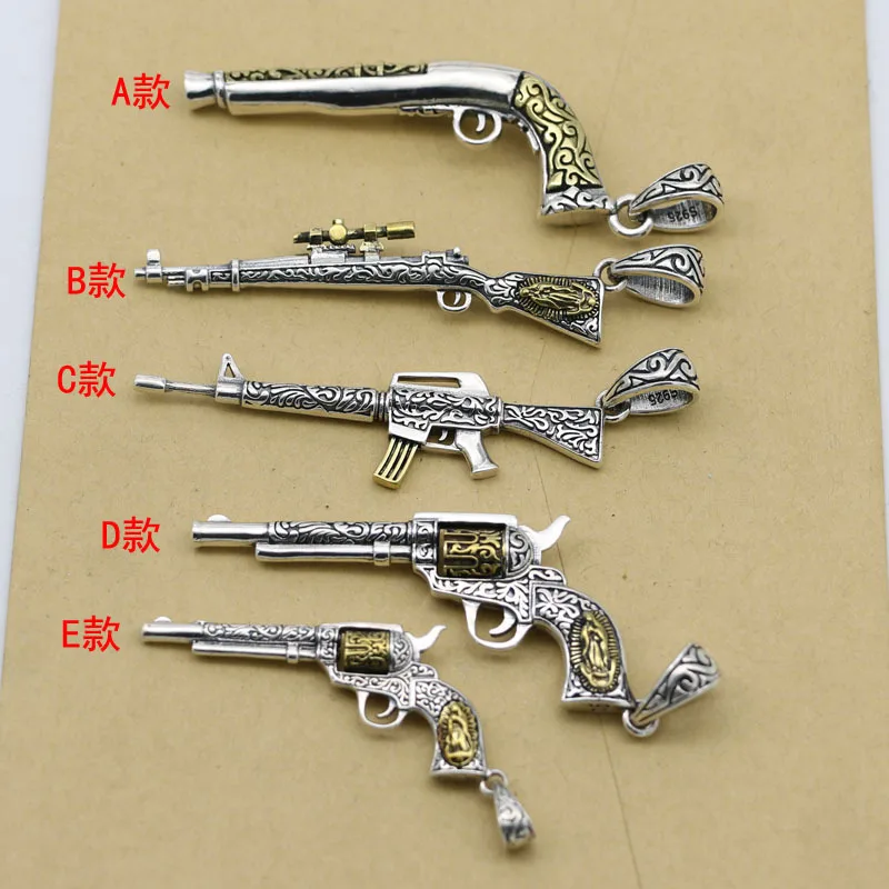 

925 Sterling Silver Personalized Western Pistol Necklace for Men and Women Creative Cute Sweater Chain Pendant Revolver Gun Pend