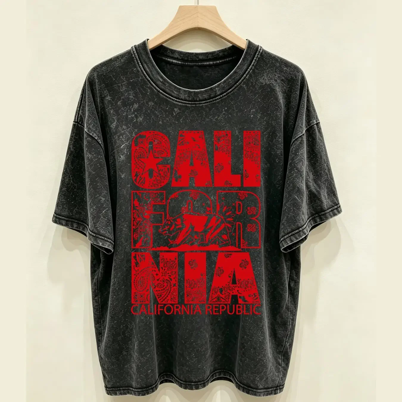 washed T Shirt Red Bandana Print Northern California Republic Cali Califas Blood rap vintage Washed Versatile designer clothes