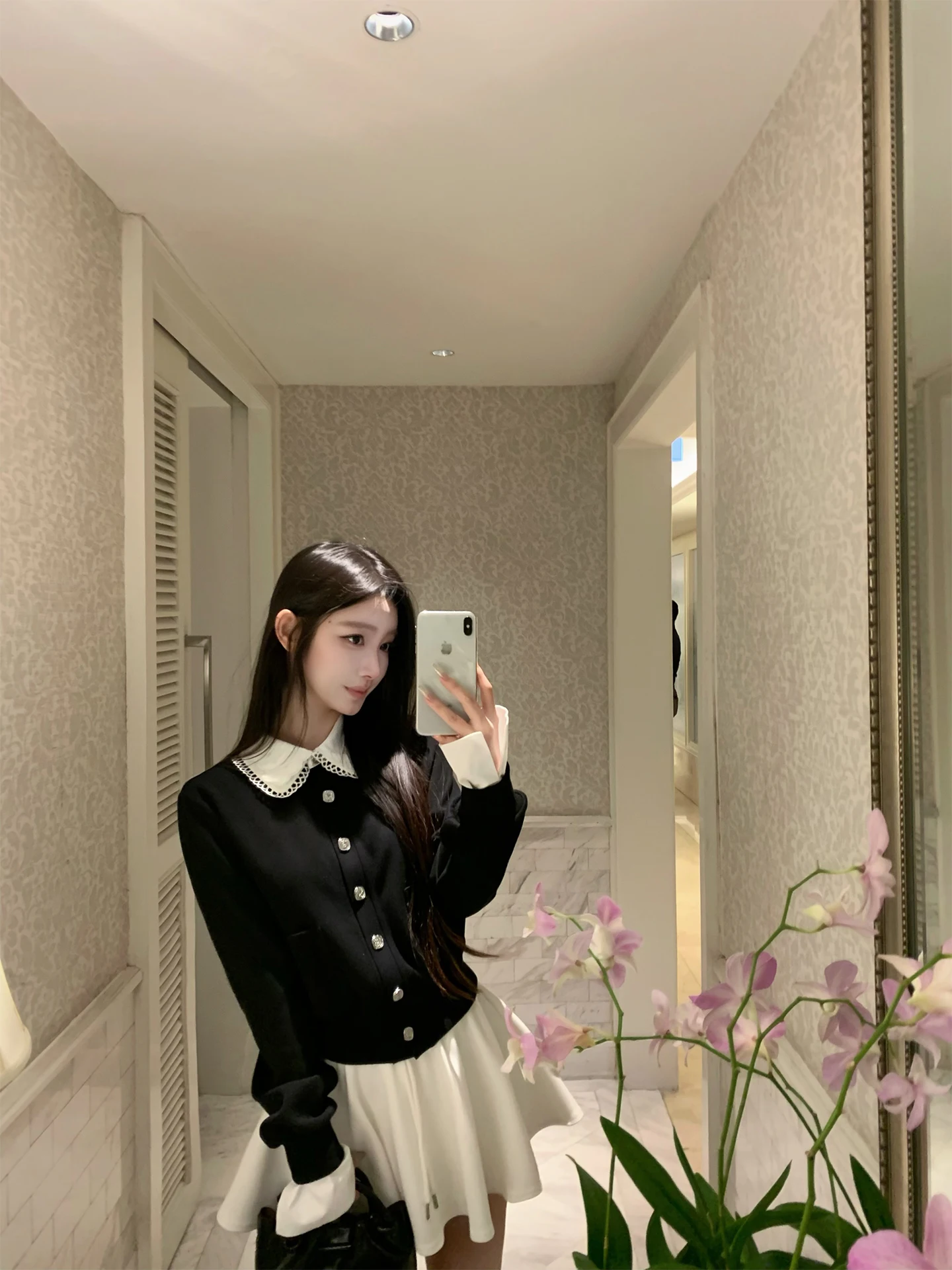 

Wang Free Ballet 40 Cotton Well-Behaved Embroidered Collar Fake Two-Piece Open Cardigan A-Line Skirt Women's Fashi...