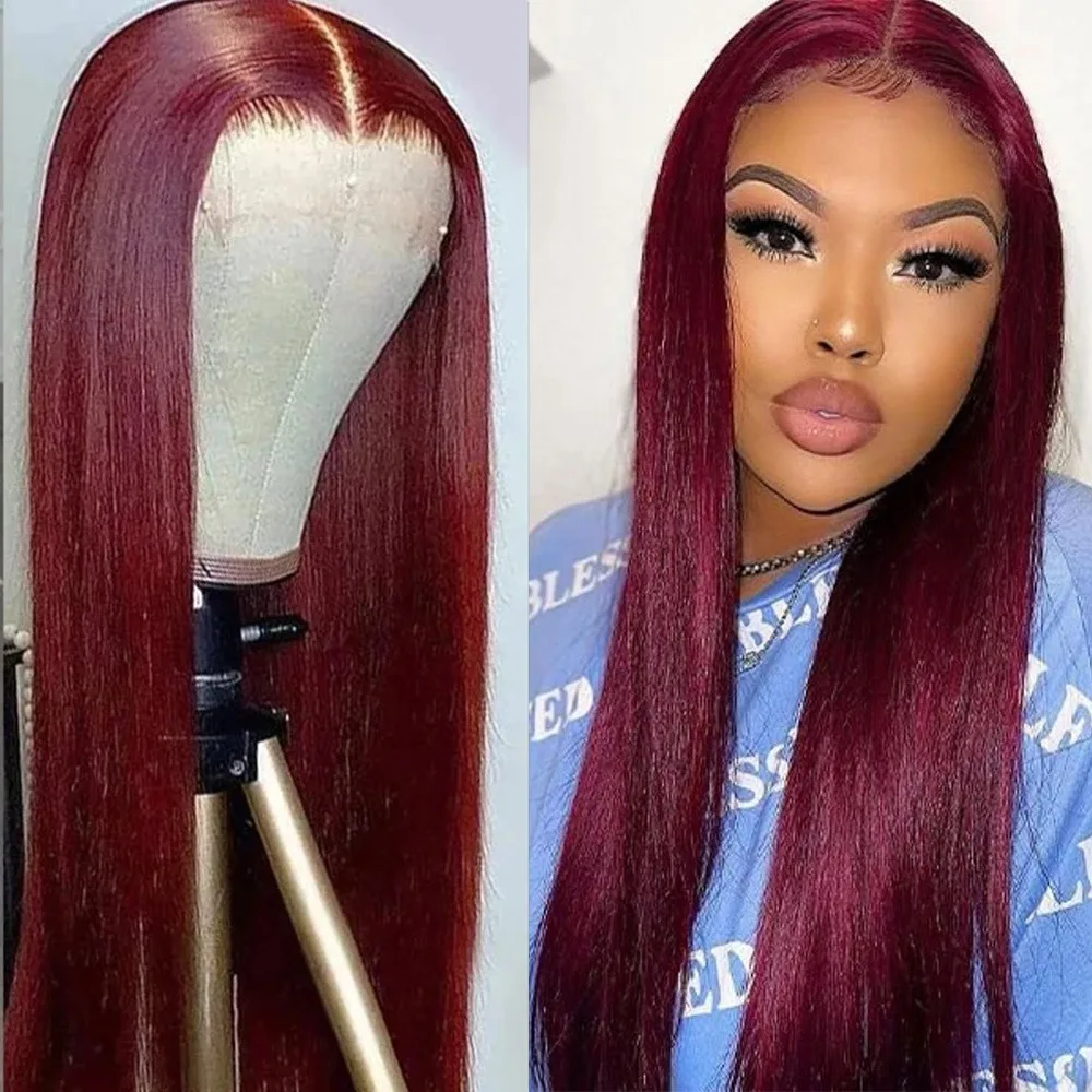 

40In 200% Density Brazilian Bone Straight 99J Burgundy 13x6 HD Lace Frontal Wigs for Women Transparet 13x4 Front Human Hair Wigs