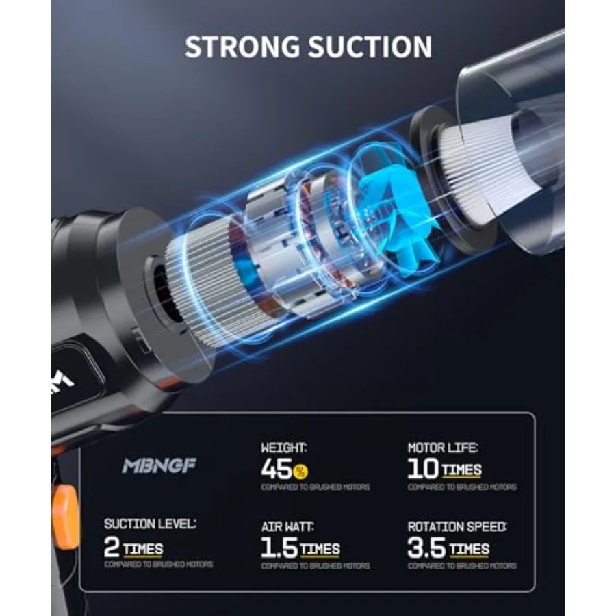 Portable Cordless Car Vacuum with High Power Suction Blower Function, Ebony Black ABS Plastic Handheld Cleaner for Car/Home/Des view 2