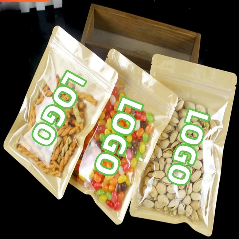 

100PCS Flat Bottom Clear Front Kraft Paper Ziplock Bags Heat Sealing Coffee Beans Beaf Child Snack Tea Cereals Packaging Pouches