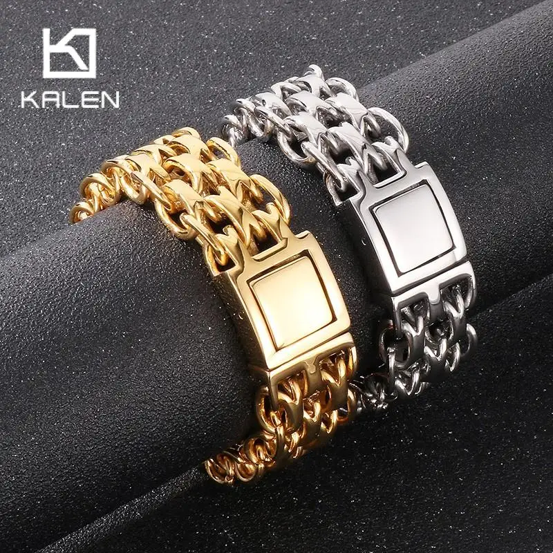 Hip Hop Stainless Steel Three Layer Link Chain Men's Bracelet Gold Color O-Shaped Chunky Bracelets Polished Wist Party Jewelry