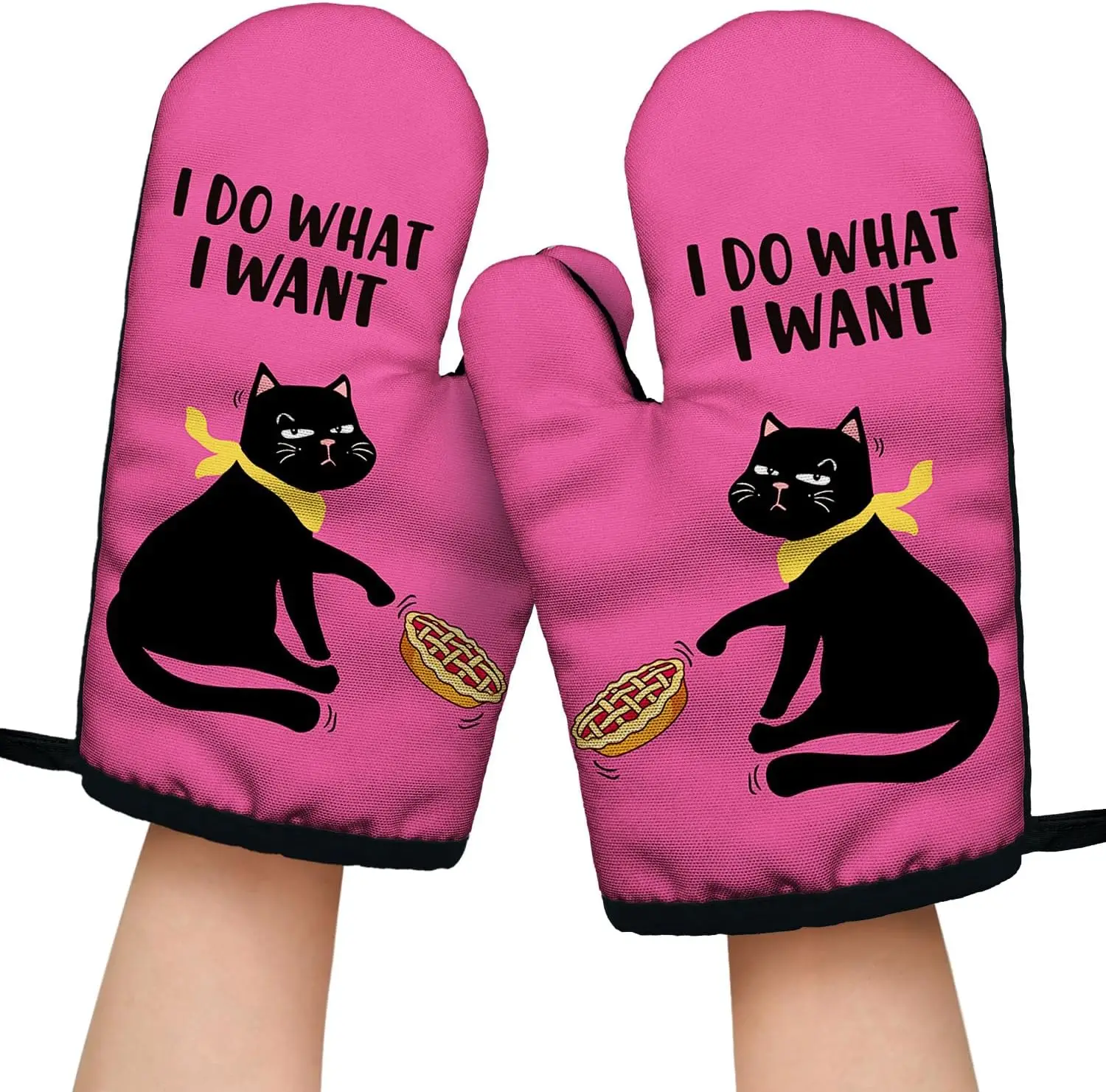 I do What I Want Funny Oven Mitts with Hanging Loop and Non-Slip, Humor Black Cat Sarcastic Baking Kitchen Set Gifts