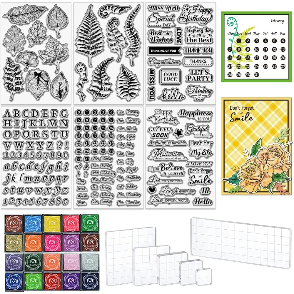 6 Blatt transparente Stempel für die Kartenherstellung, inklusive 20 Stempelkissen, 6 Acryl-Stempelblöcke mit Segensgruß-Blättern