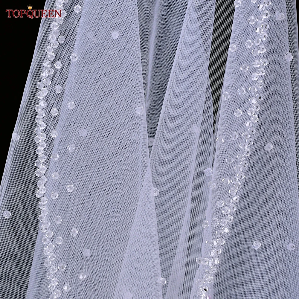 TOPQUEEN Elegant Bridal Veil Fingertip Length Veil Clear Crystal Edging With Hair Comb Wedding Accessory V85