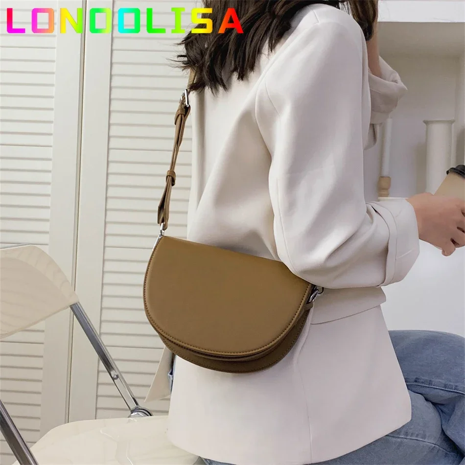 Retro Solid Color Saddle Bag High Quality Leather Shoulder Bags for Women 2024 New Simple Ladies Crossbody Bag Designer Handbags