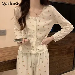 Pajama Sets Women Autumn Daily Sleepwear Home Soft Floral Ins Korean Fashion Sweet Girls Lovely Students O-neck Casual Simple