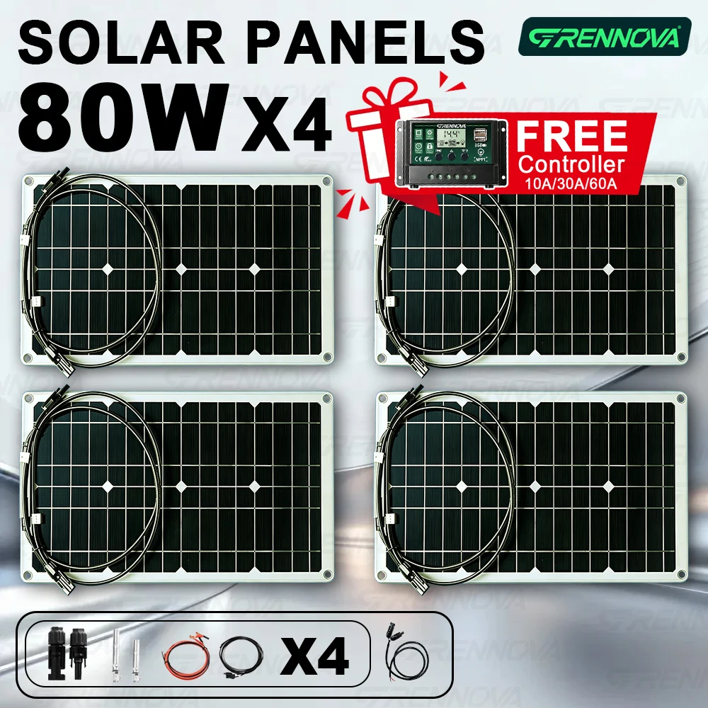 80W Waterproof Solar Panel 1-4PCS GRENNOVA Camping Power Kit with Free 60A Controller for Travel Car Outdoor Battery Charging
