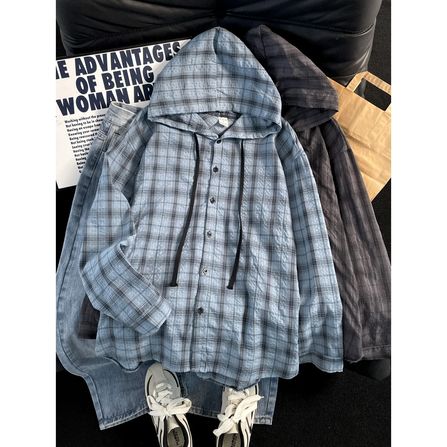 

Men's Long Sleeve Hooded Shirt Summer Thin Breathable Sun Protection Loose Fit Casual Style Plaid Print Lightweight Outerwear