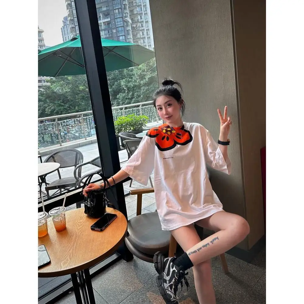 

Oversized Women Clothes Casual Korean Printing O-neck T-Shirts Summer Simplicity Floral Loose Top Tee Female Trend Tee Shirt