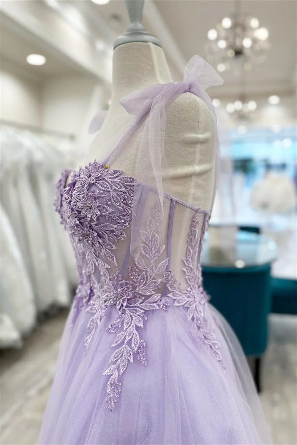 Amanda Lavender Tulle Prom Gown Bow Strap Sweet Heart Neck Evening Formal Elegant Sleeveless Short Party Dress for Women 2024