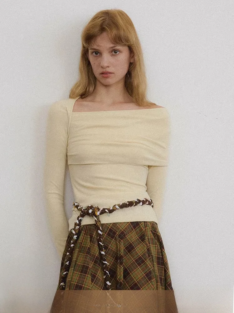 

Женская футболка Ele с открытыми плечами Long Sve, облегающая футболка с костями, нестандартный дизайн, повседневная, удобная, дышащая, полиэстер