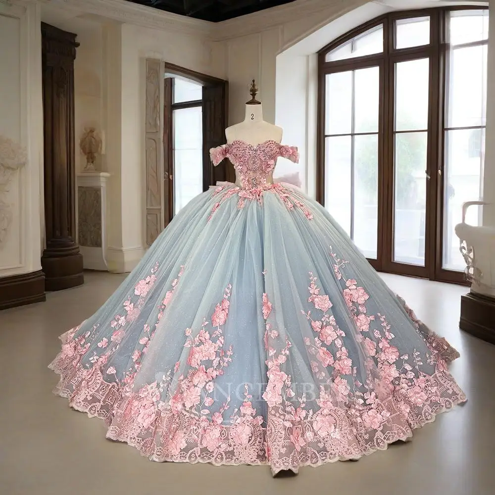 

Бальное платье по индивидуальному заказу, платье Quinceanera с 3D аппликациями, кружевная бусина, милое платье 16, с открытыми плечами, на день рождения, Vestidos De 15 Años