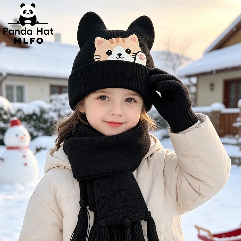 3pc 1-3Y Toddler Hat Scarf Gloves Set, Cat Print Knit Kids Winter Set, Casual Outdoor Warm Set for Boys Girls