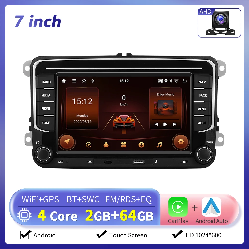 Camecho 7 Inch Draadloze CarPlay Android Auto Radio GPS Multimedia Voor Volkswagen VW Passat B6 B7 CC Tiguan Touran GOLF POLO