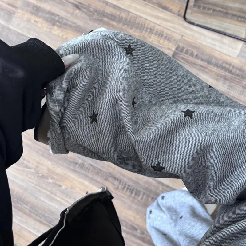 Stylish Star Print Grey Wide Leg Casual Pants Autumn Winter Drawstring Female Clothing High Waist Straight Loose Daily Trousers