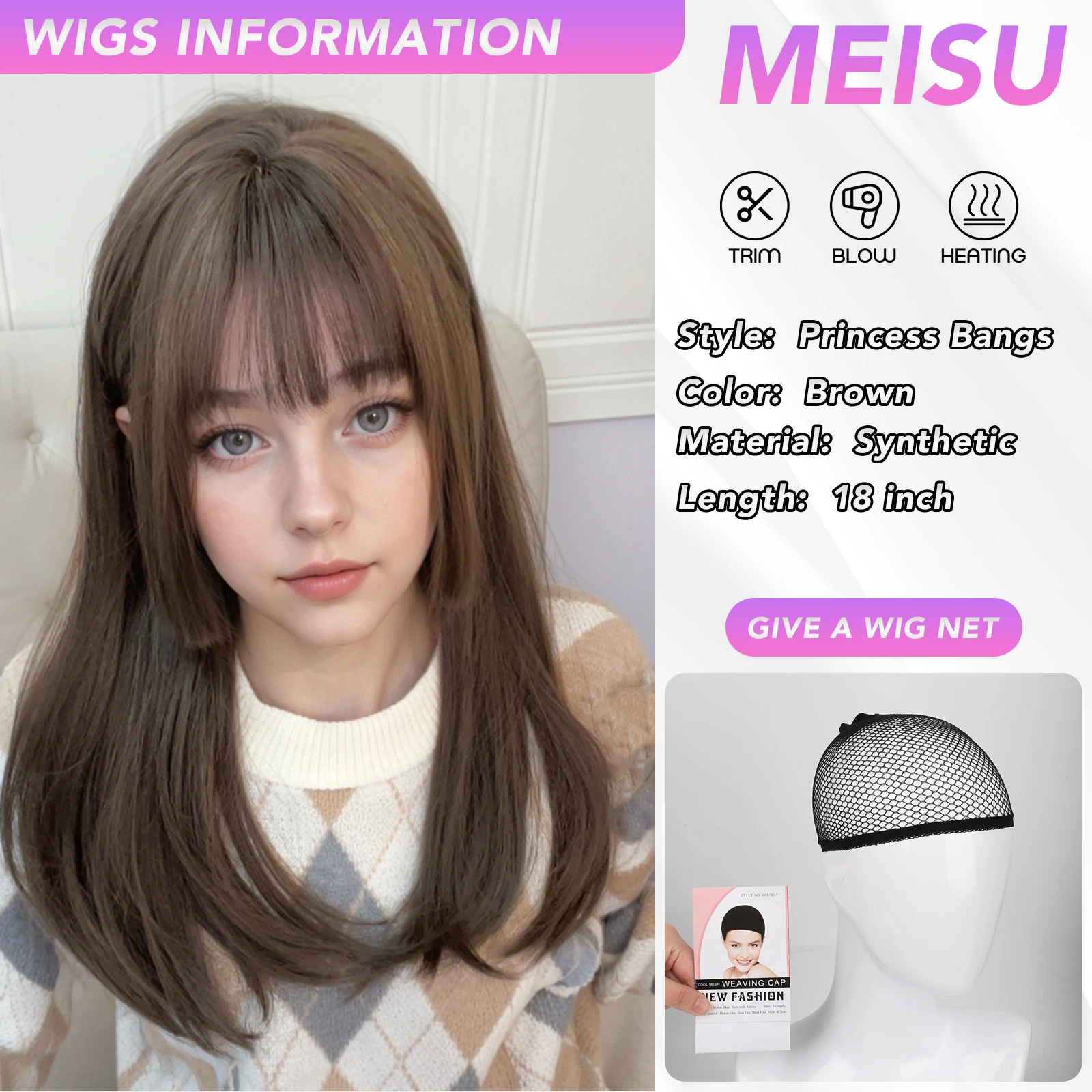 MEISU 18 Inch Long Straight Bangs Wig Fiber Synthetic Wig Heat-resistant Non-Glare Natural Cosplay Hairpiece For Women Daily Use