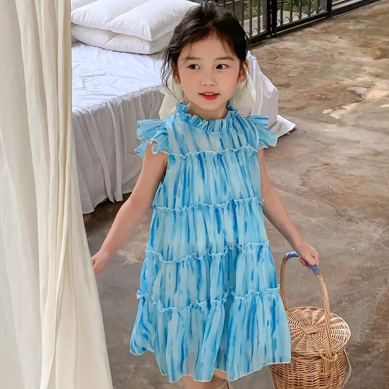 Girls' Skirt Vertical Striped Abstract Tie Dress Princess Dress25Summer New Foreign Trade Children's Wear Delivery3-8Years Old