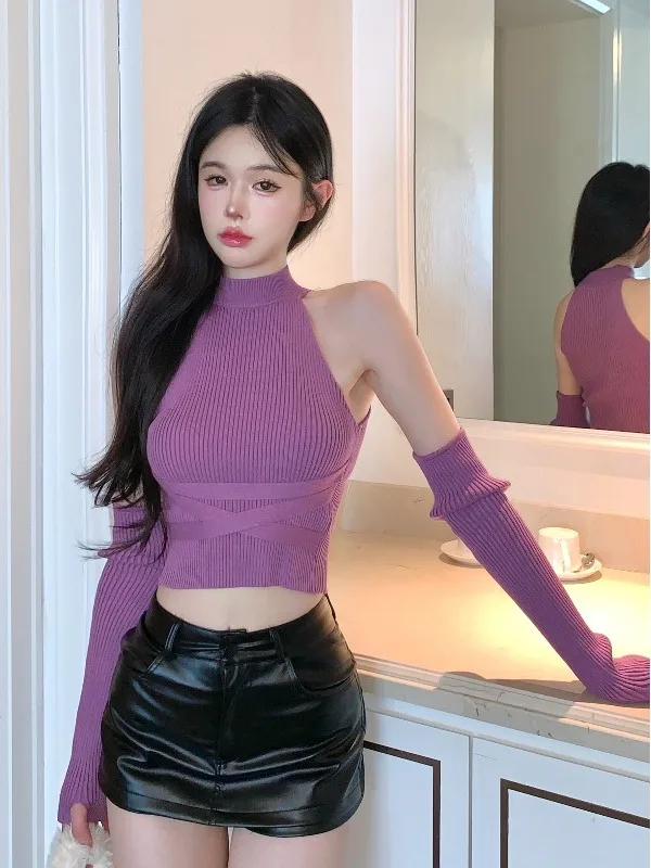 

Уникальный сексуальный вязаный топ с открытыми плечами и бретелями, с эффектом утяжки талии, без рукавов, с накладками на рукава, модный дизайн Nicole Rose 2025