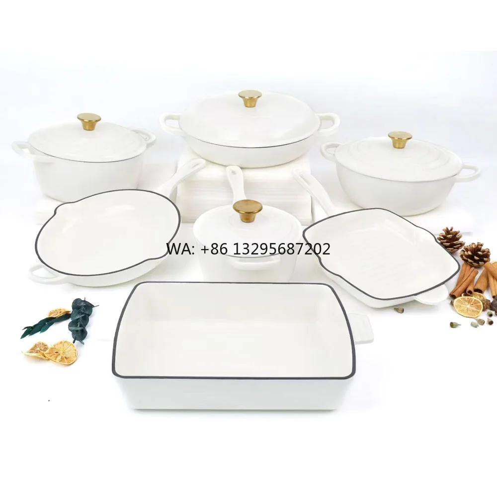 

Набор посуды из чугуна с белой эмалью, классический дизайн, кремовая внутренняя часть, входит голландская духовка, кастрюля, сковорода, формы для выпечки, прочный металл