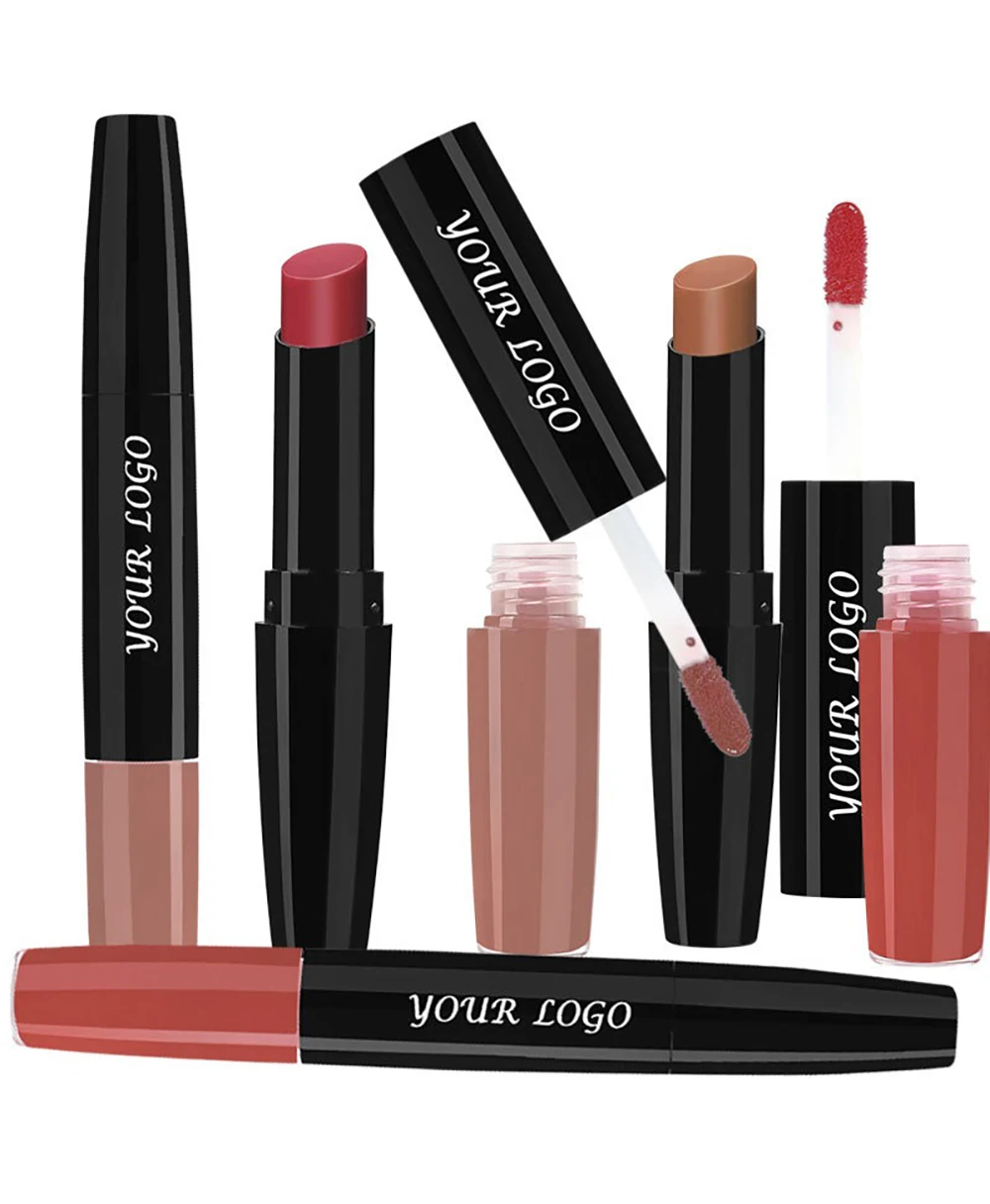 2-in-1 Lip Gloss Lipstick Custom Logo Highly Pigment Matte Non-stick Waterproof Long-wearing Private Label Natural Makeup Vegan
