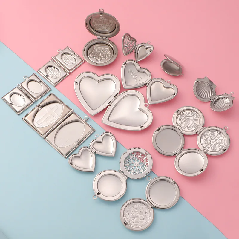 5pcs/Lot Stainless Steel Heart Round Square Book Photo Frame Locket Charms Can Open Picture Memory Pendant for Jewelry Making