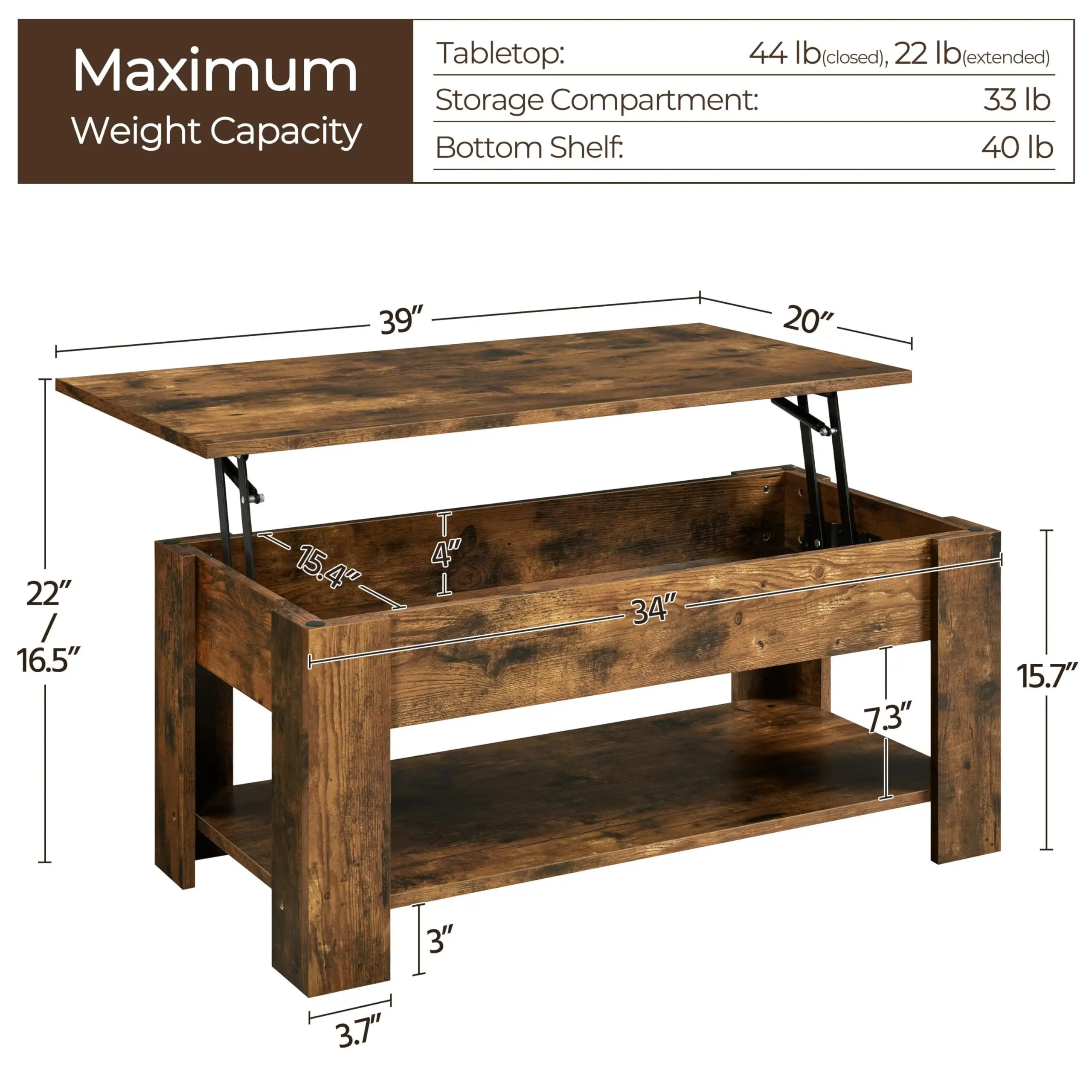 Multi-purpose Lift Tabletop Dining Table, Coffee Table with Hidden Storage Compartment and Open Shelf, Space Saving, Brown
