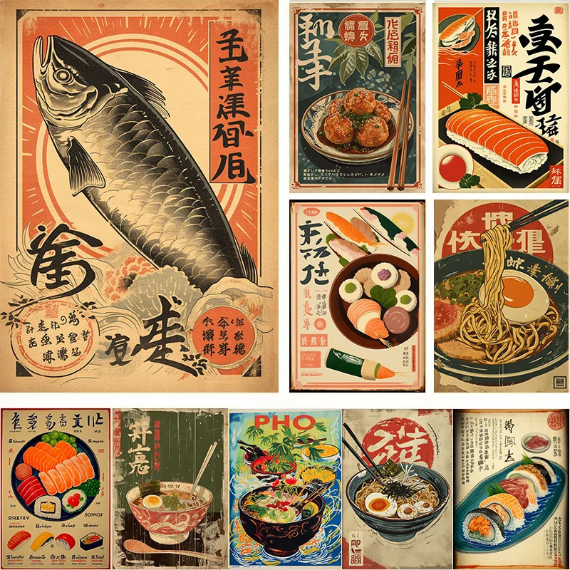 Vintage Japanese Food Sushi Takoyaki Sashimi Ramen Aesthetic Poster Canvas Painting Wall Art Pictures Home Restaurant Decor