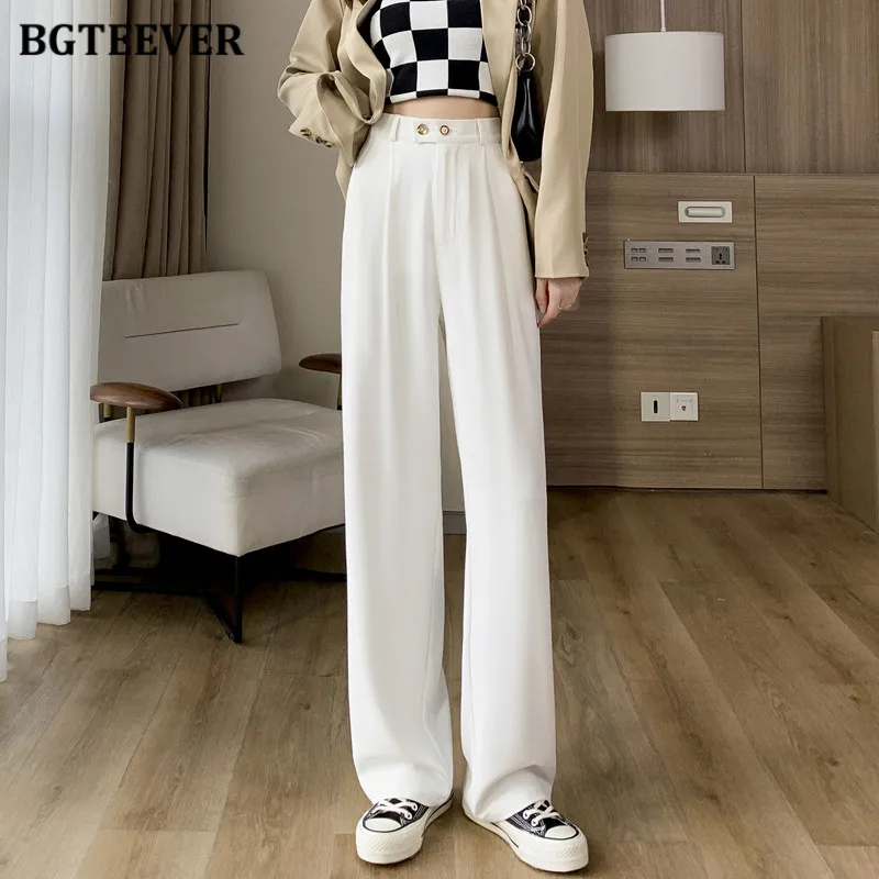 BGTEEVER Stylish Loose Buttons Women Wide Leg Pants Elegant High Waist Pockets Floor-Length Straight Ladies Trousers Autumn